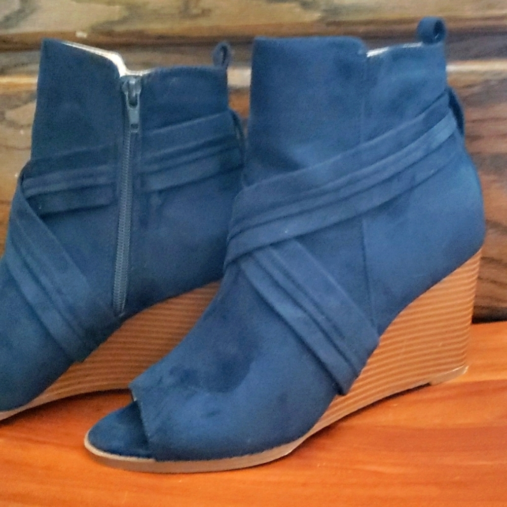 Journee Collection Navy Blue Suede Peep-Toe Ankle Booties - Picture 2 of 7